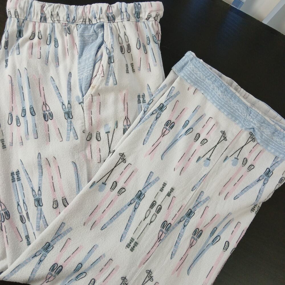 Munki Munki Flannel PJ Pants Womens XXL bamboo cotton blend white skis snap cuff